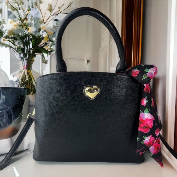 Betsey Johnson Gigi Triple Compartment Satchel W/ Scarf Black Purse Shoulder Bag - Picture 13 of 13